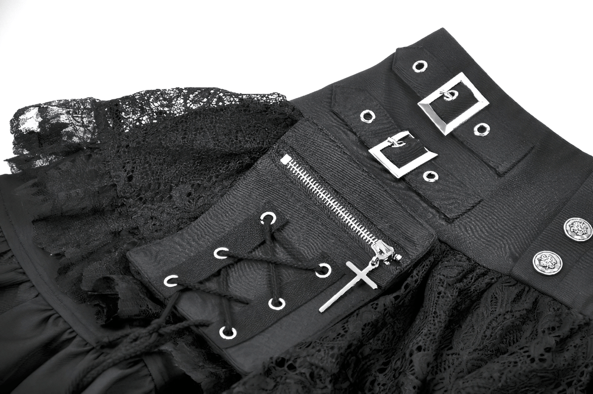Female Lace Mini Skirt with Buckled Waist and Cross Zips