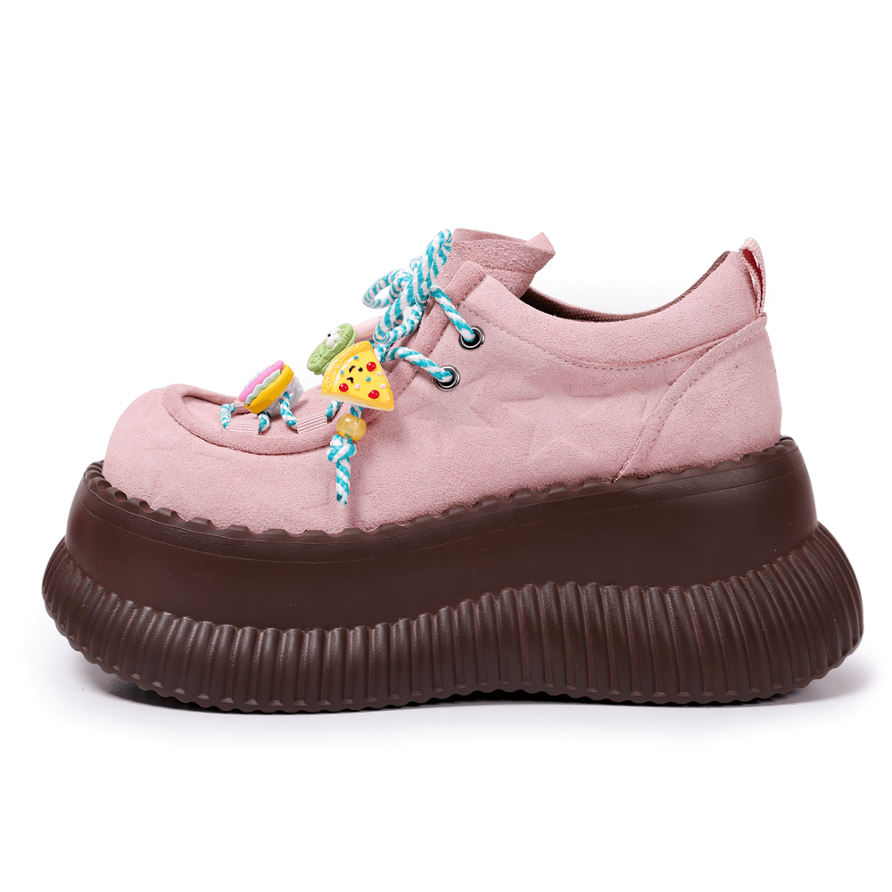 Female Pastel Pink Platform Sneakers With Charm Laces