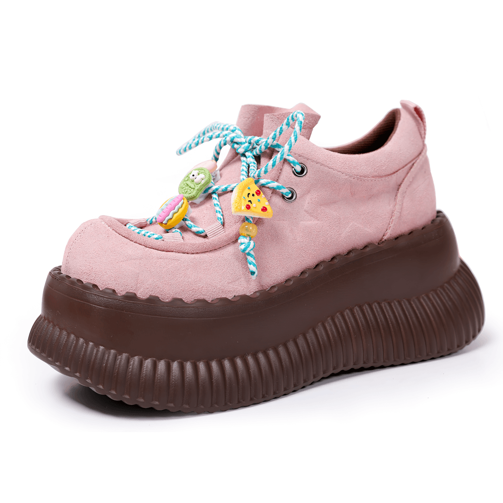 Female Pastel Pink Platform Sneakers With Charm Laces