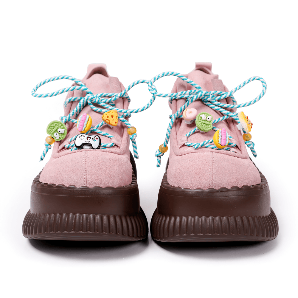 Female Pastel Pink Platform Sneakers With Charm Laces