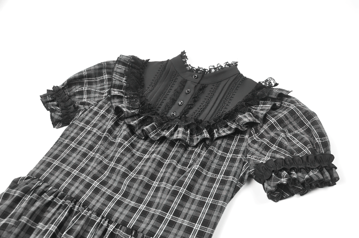 Female Plaid Lolita Dress with Lace Ruffle Trim and Bow