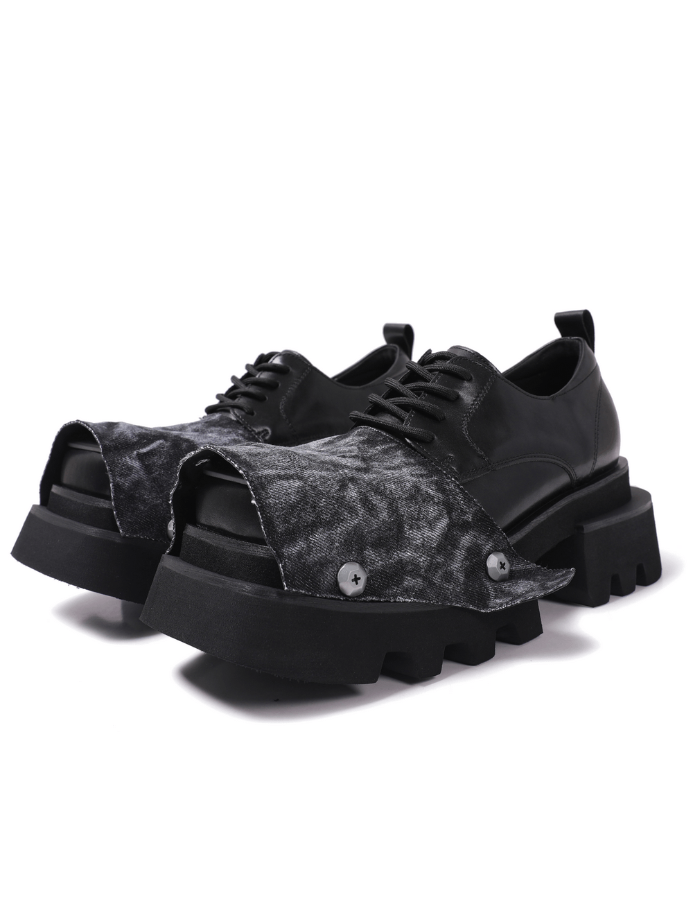 Female Punk Open Toe Shoes with Denim Flap and Lug Soles