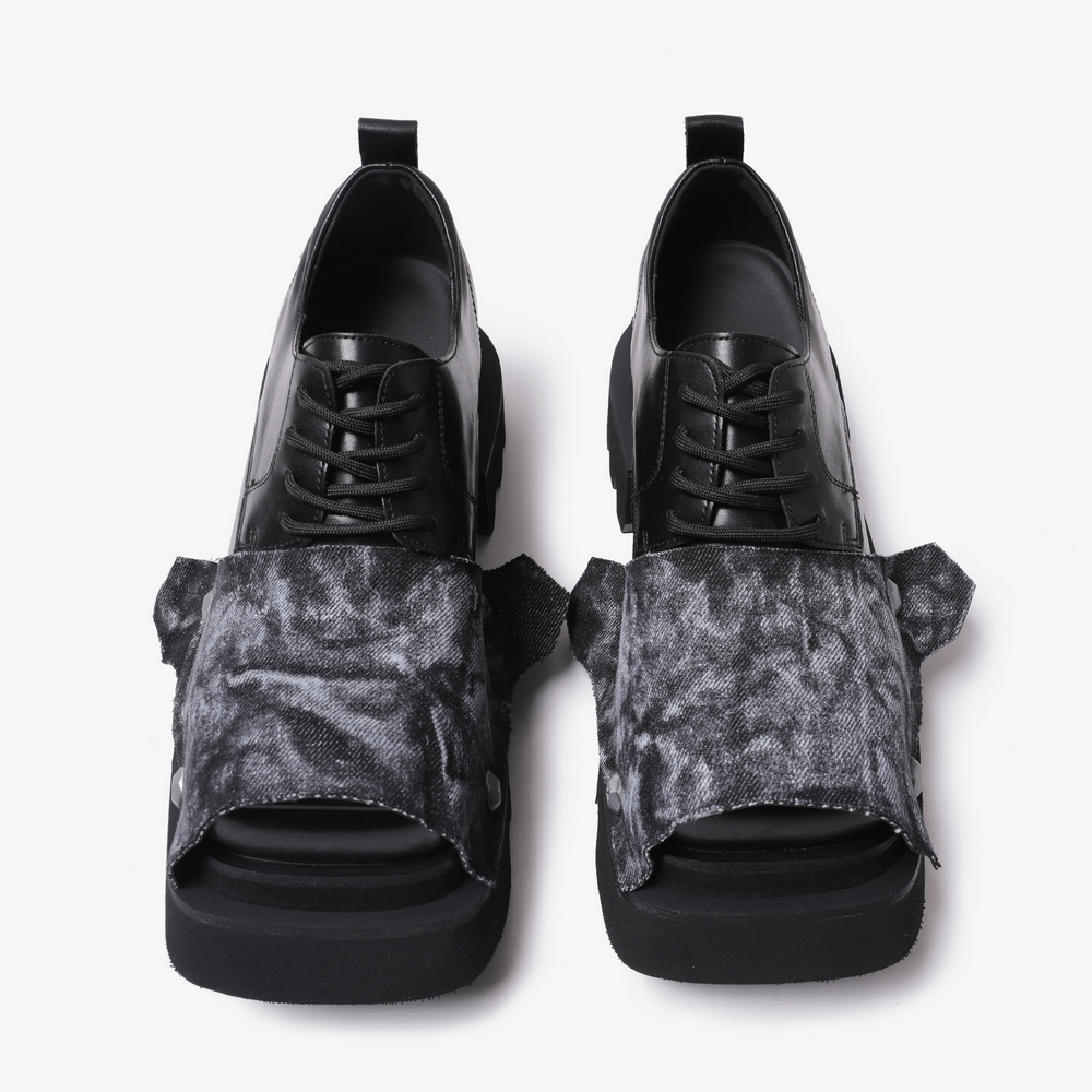Female Punk Open Toe Shoes with Denim Flap and Lug Soles