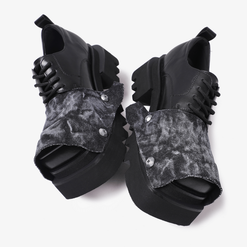 Female Punk Open Toe Shoes with Denim Flap and Lug Soles