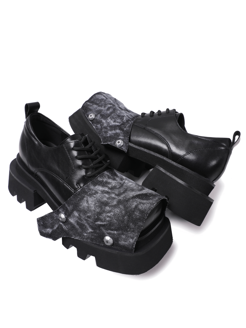 Female Punk Open Toe Shoes with Denim Flap and Lug Soles