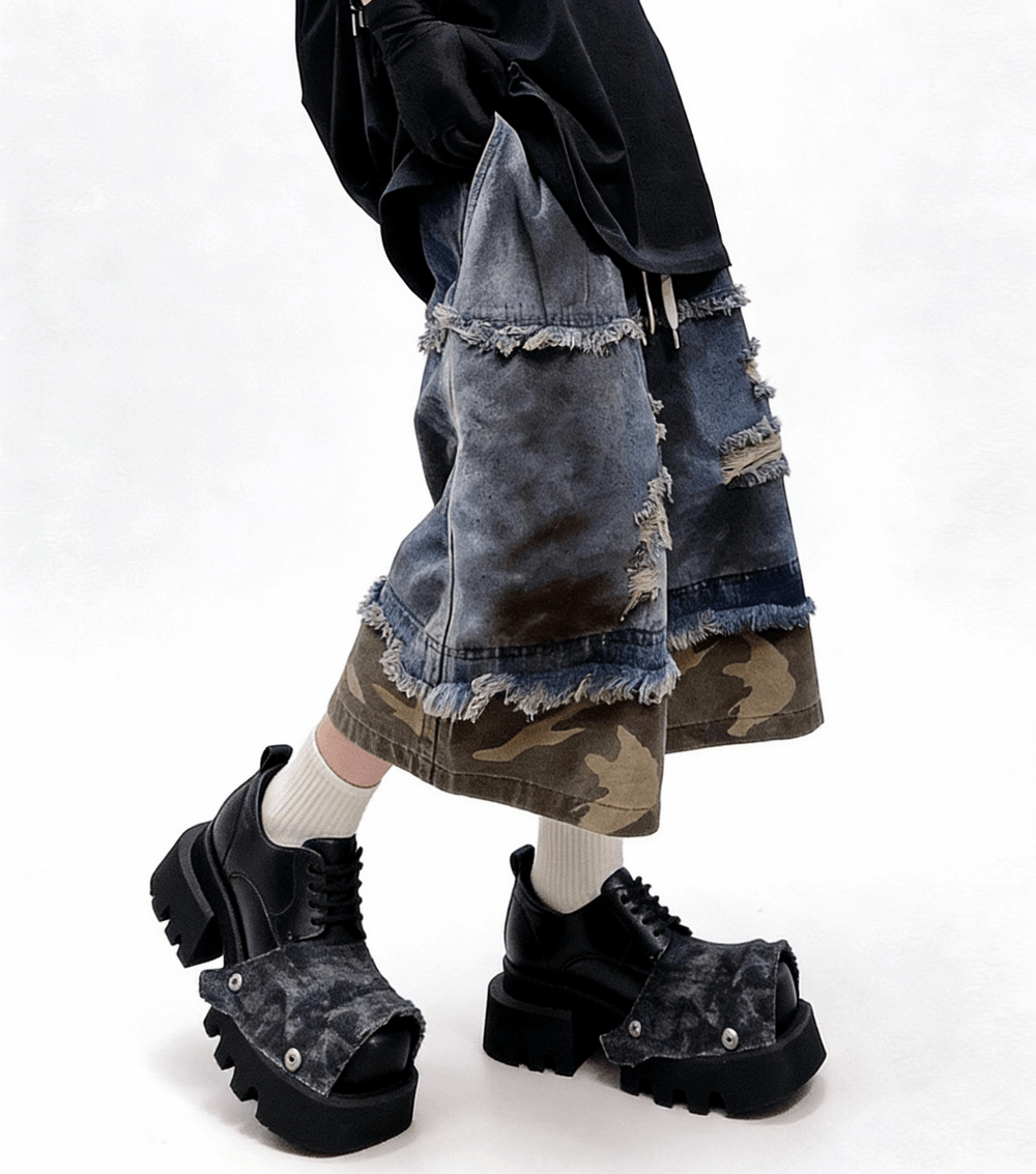 Female Punk Open Toe Shoes with Denim Flap and Lug Soles