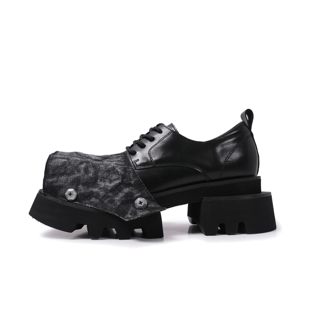 Female Punk Open Toe Shoes with Denim Flap and Lug Soles
