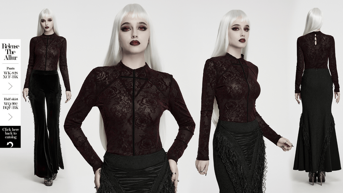 Fitted Gothic Rose Mesh Top with High Neck Detail