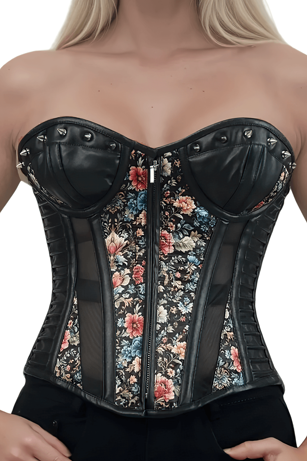 Floral Overbust Corset with Faux Leather and Mesh Panels