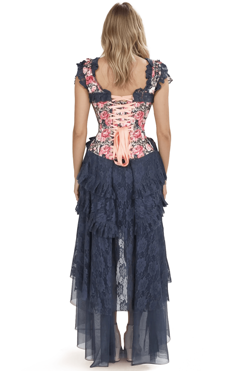 Floral Satin Corset Dress with Lace Skirt and Boning