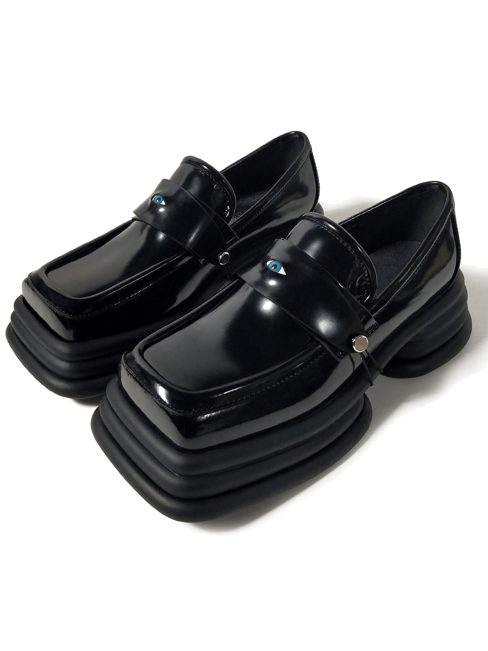 Glossy Gothic Square Toe Platform Loafers with Eye Charm