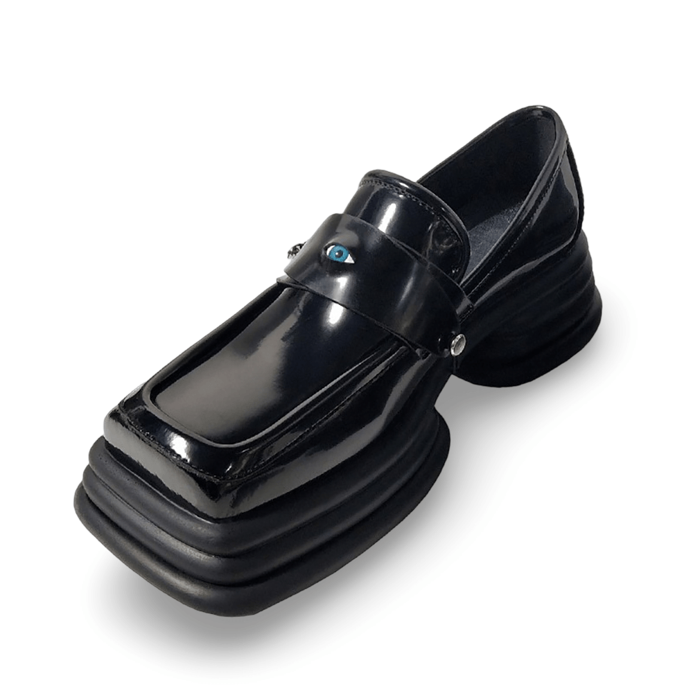 Glossy Gothic Square Toe Platform Loafers with Eye Charm