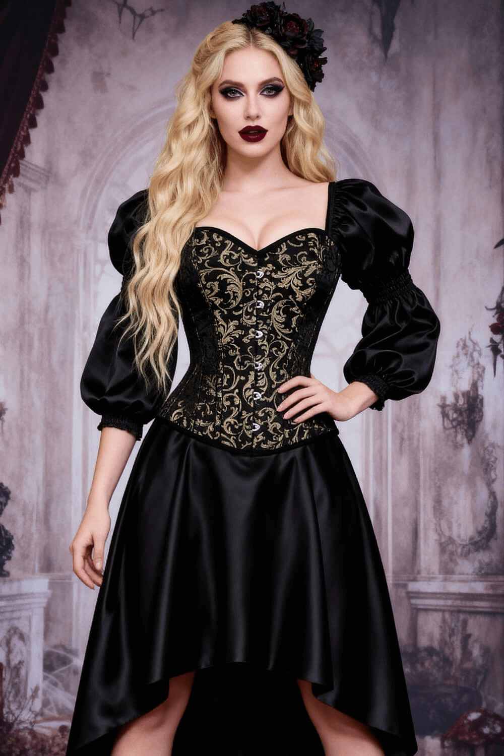 Gold Steampunk Overbust Corset With Puffed Sleeves