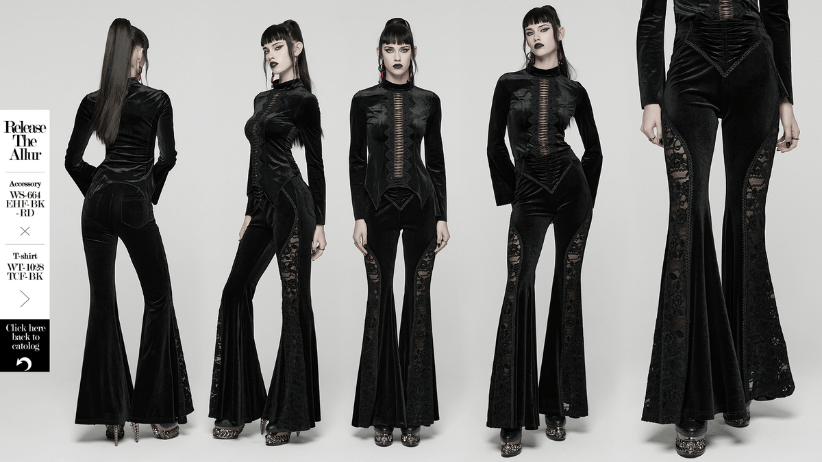 Goth Black Velvet Flared Pants with Lace Inserts