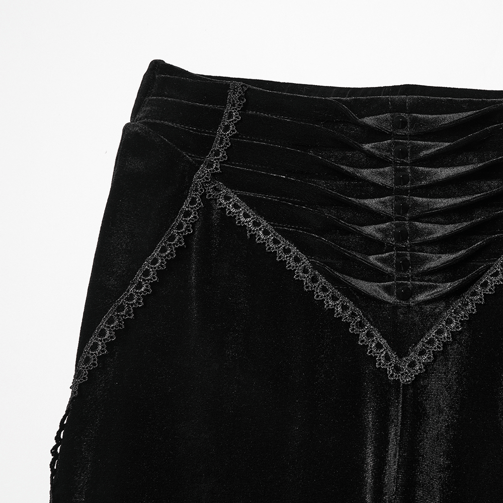 Goth Black Velvet Flared Pants with Lace Inserts