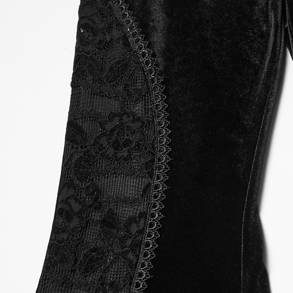 Goth Black Velvet Flared Pants with Lace Inserts