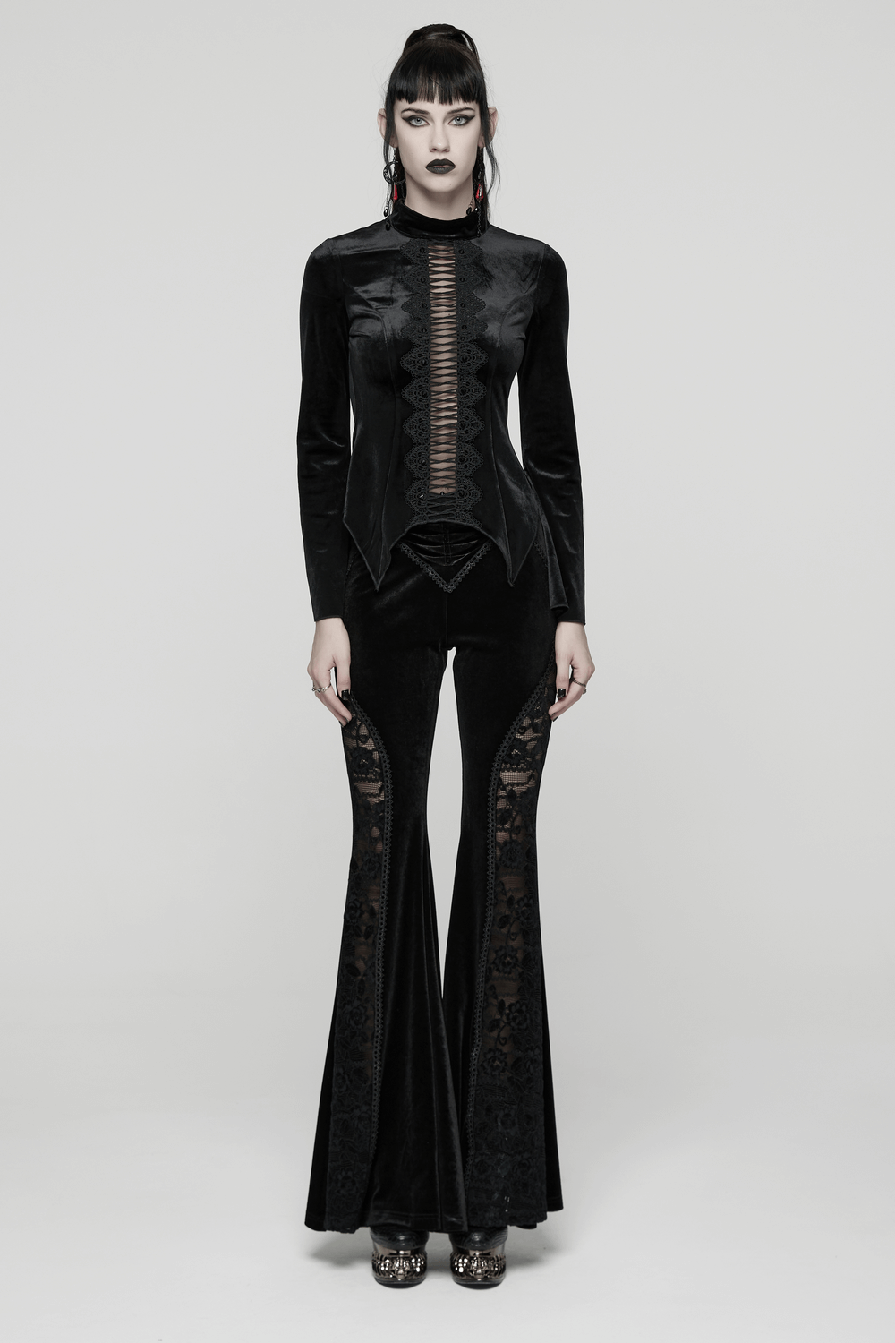 Goth Black Velvet Flared Pants with Lace Inserts