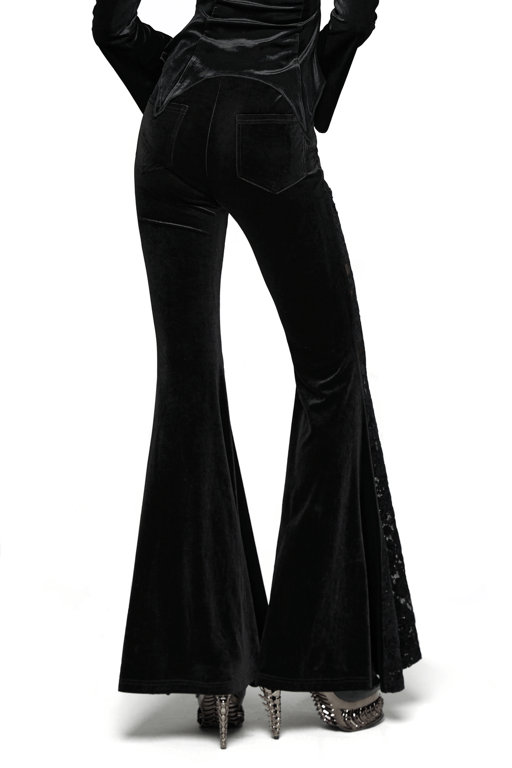 Goth Black Velvet Flared Pants with Lace Inserts