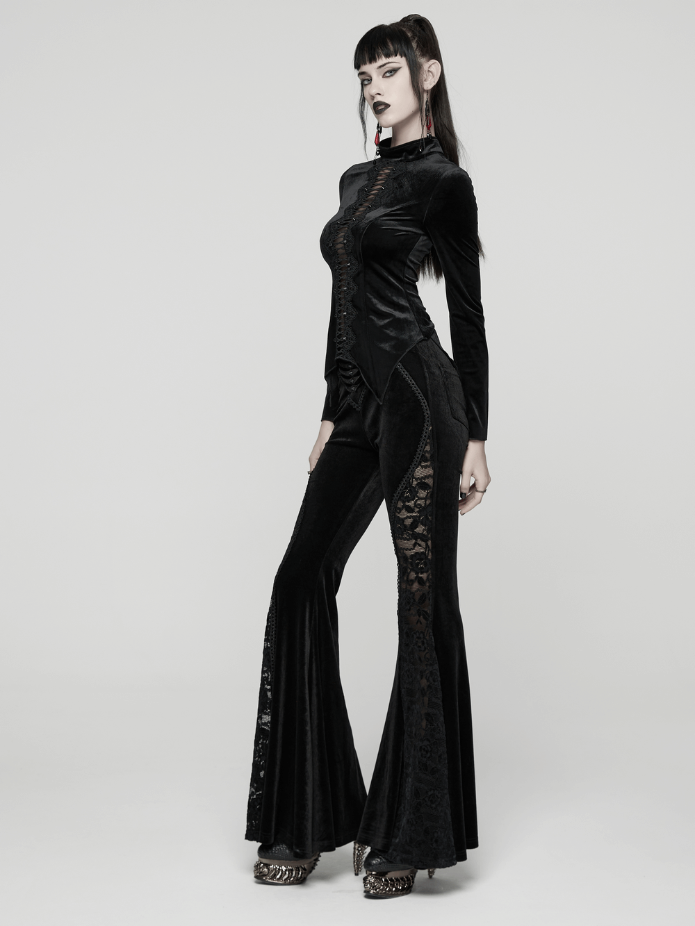 Goth Black Velvet Flared Pants with Lace Inserts