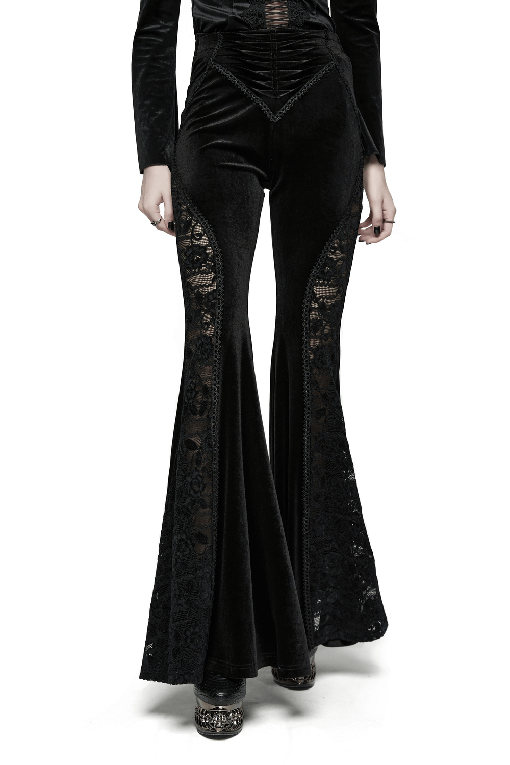 Goth Black Velvet Flared Pants with Lace Inserts
