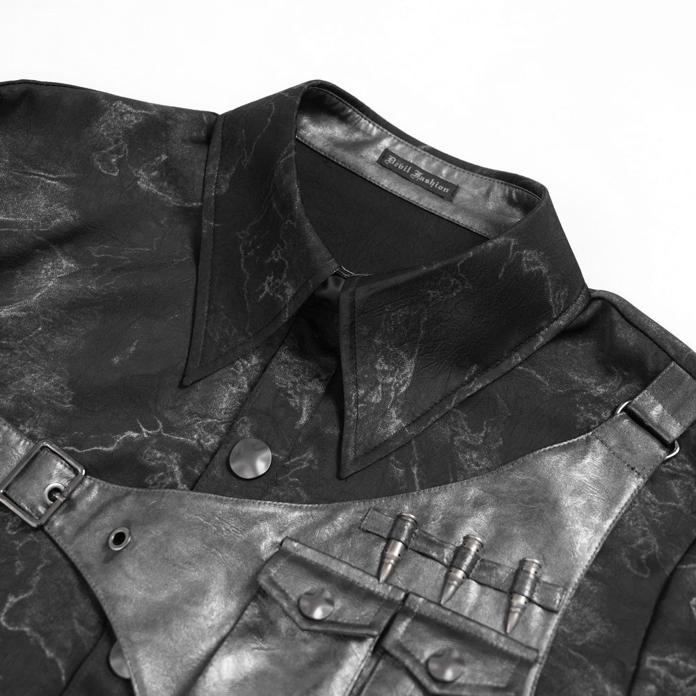 Goth Button-Up Shirt with PU Harness and Belt Detail