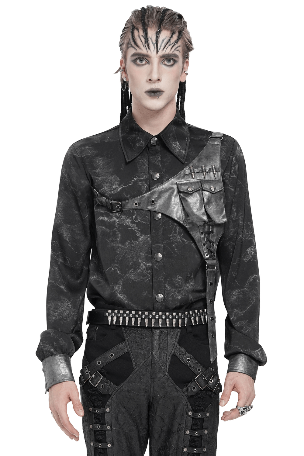 Goth Button-Up Shirt with PU Harness and Belt Detail