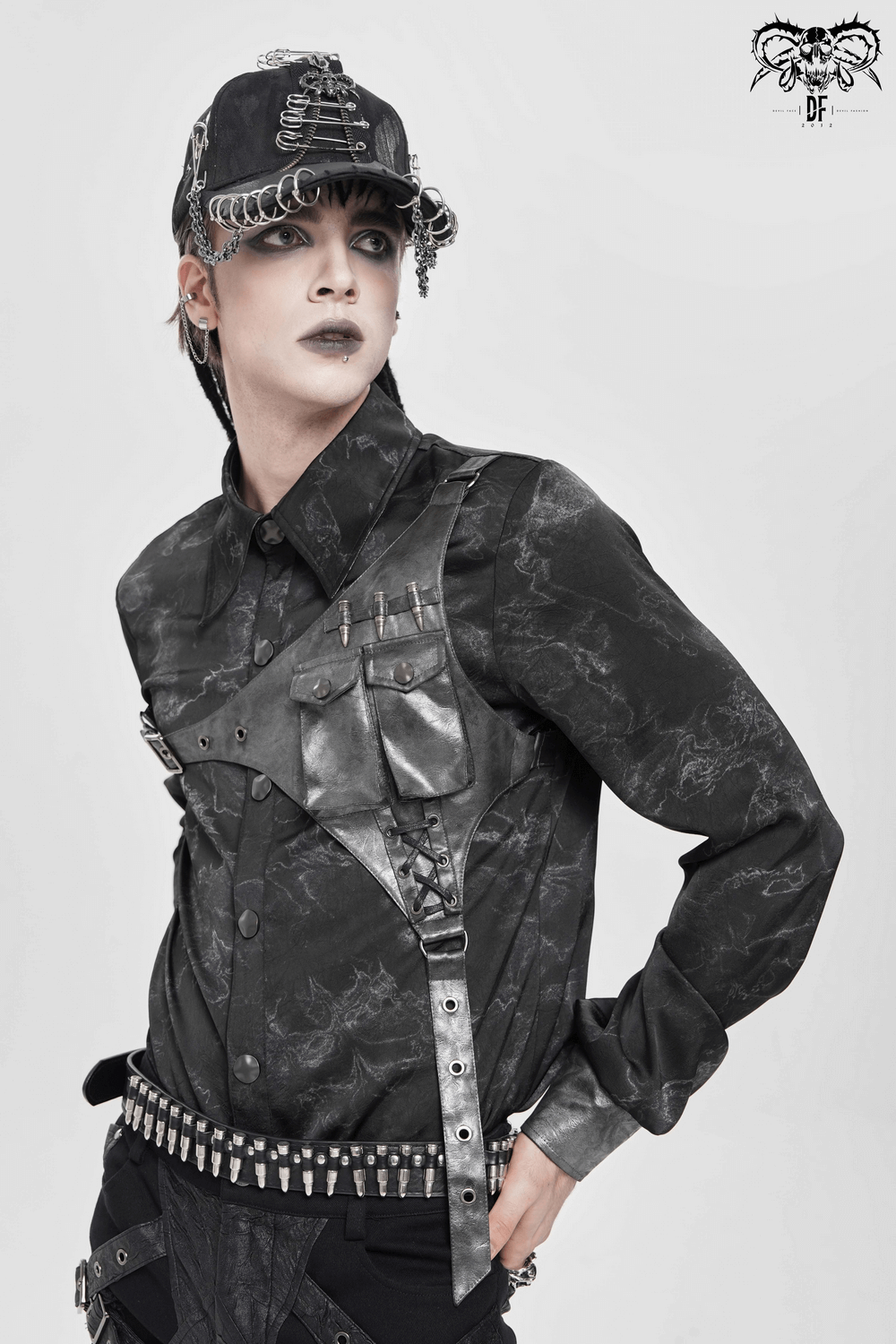 Goth Button-Up Shirt with PU Harness and Belt Detail