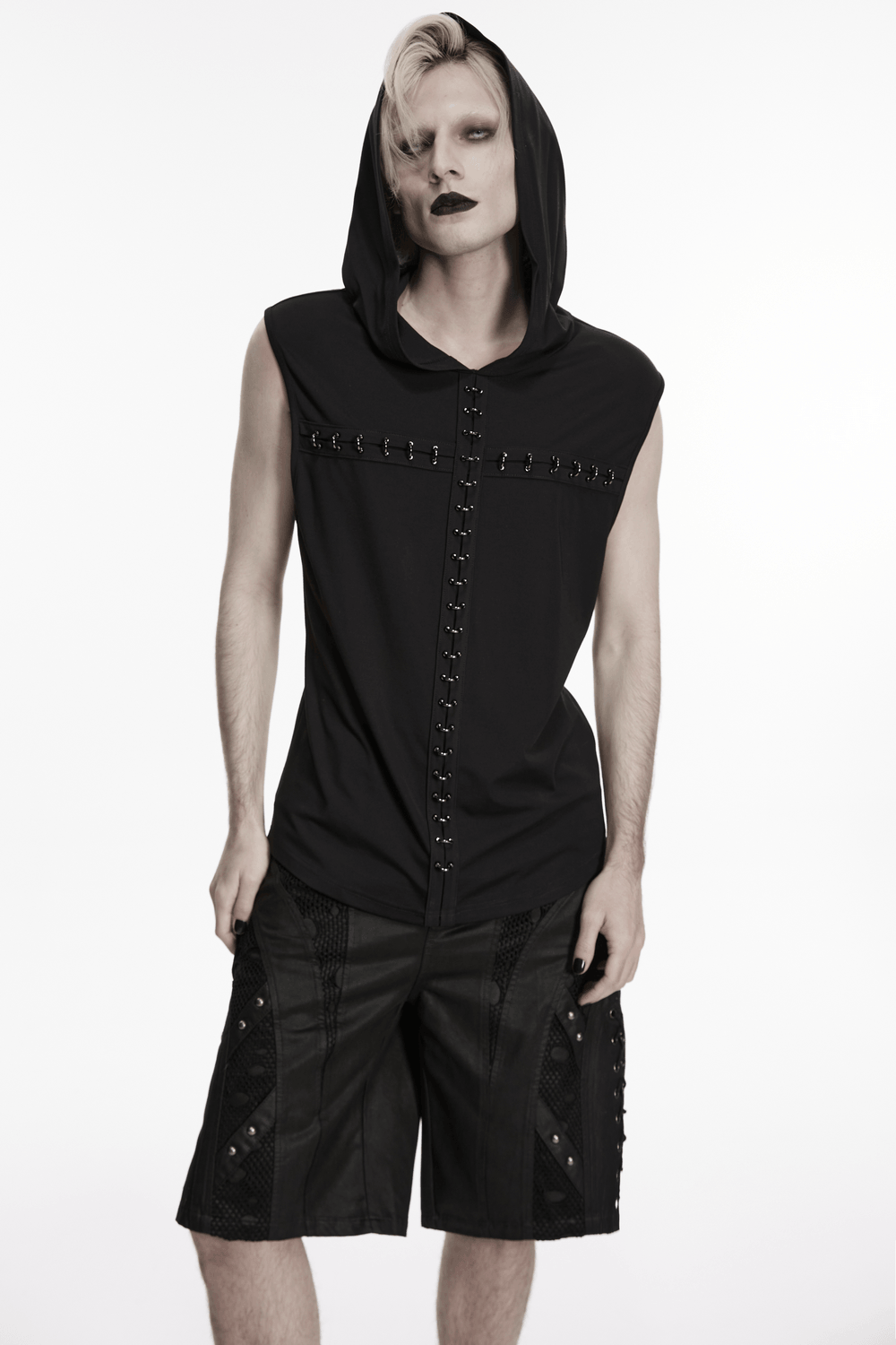 Goth Dark Top with Punk Hood and Hooked Chest Details