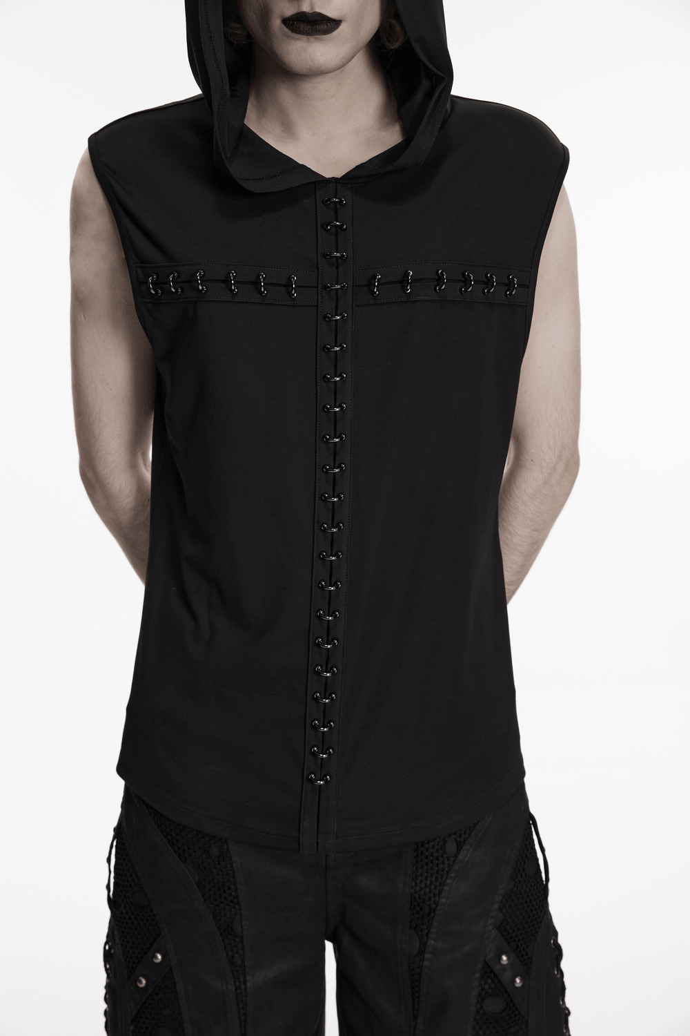 Goth Dark Top with Punk Hood and Hooked Chest Details