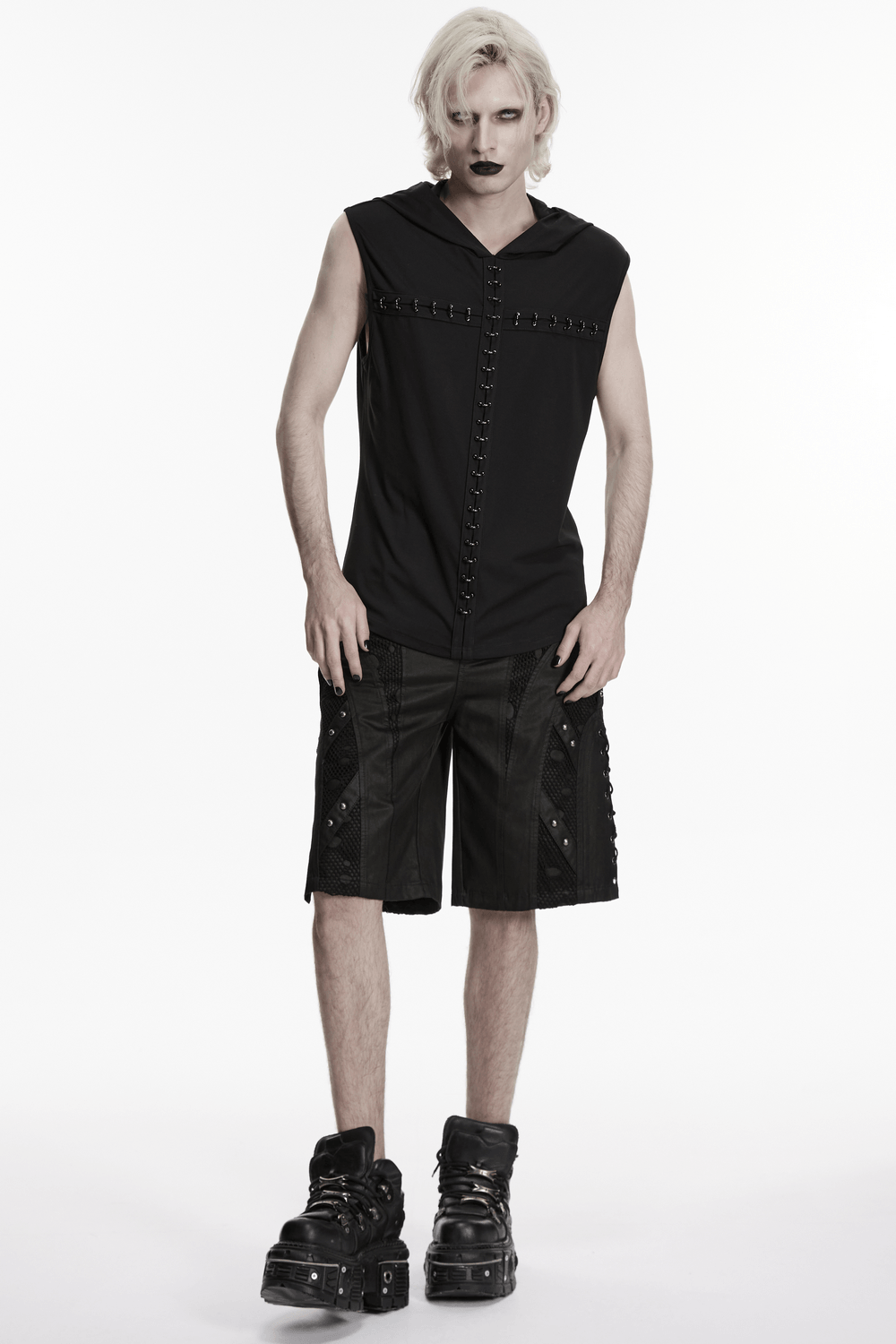 Goth Dark Top with Punk Hood and Hooked Chest Details