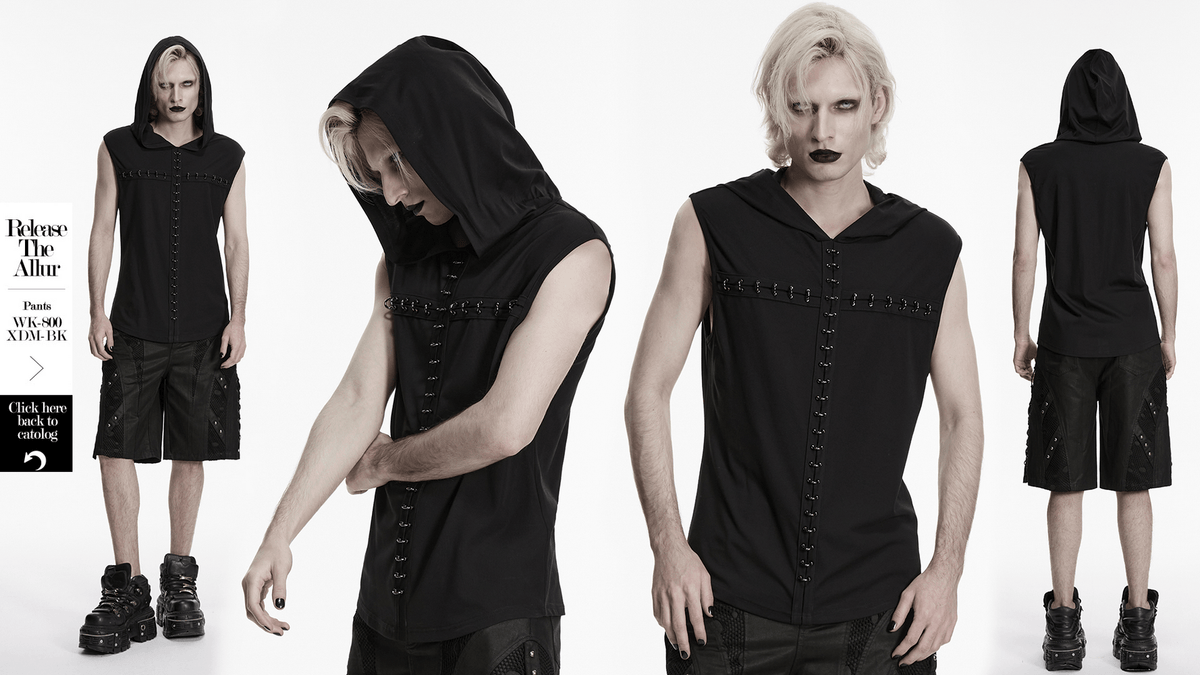 Goth Dark Top with Punk Hood and Hooked Chest Details