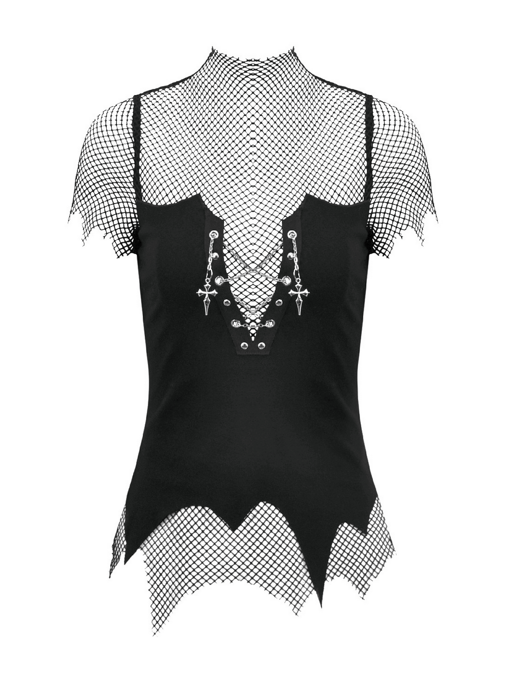 Goth Fishnet Lace-Up Cami Top with Cross Charms