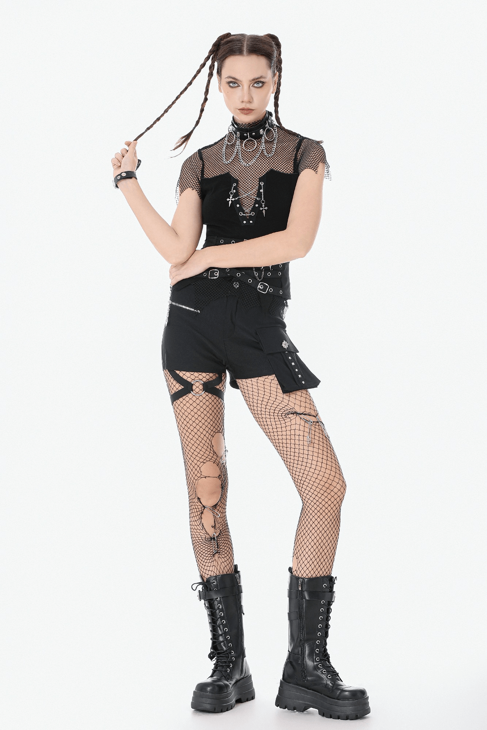 Goth Fishnet Lace-Up Cami Top with Cross Charms
