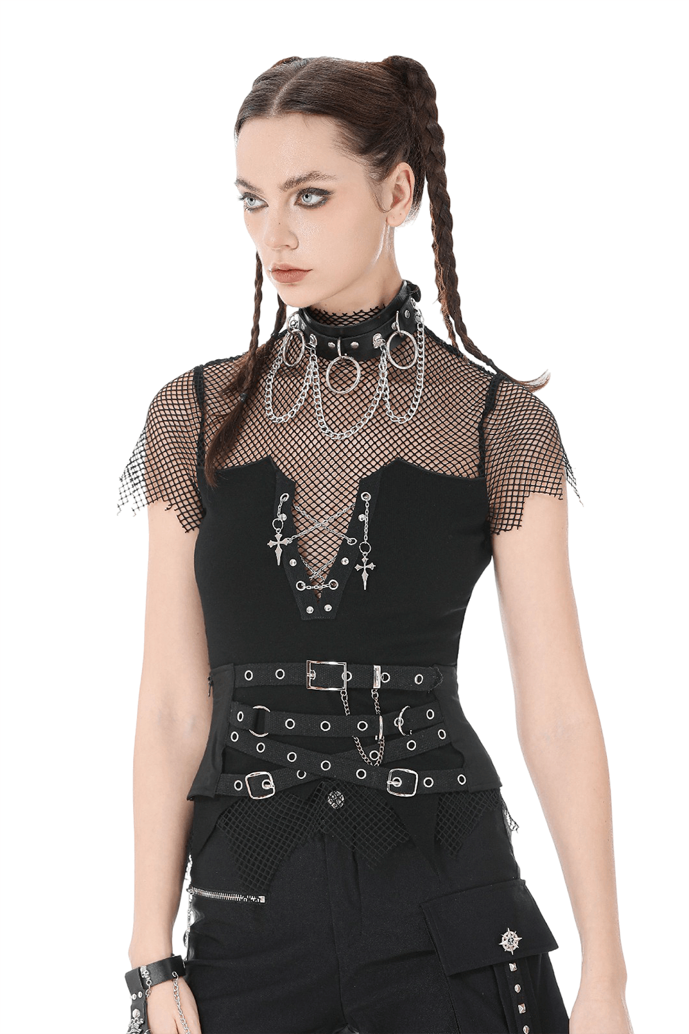 Goth Fishnet Lace-Up Cami Top with Cross Charms