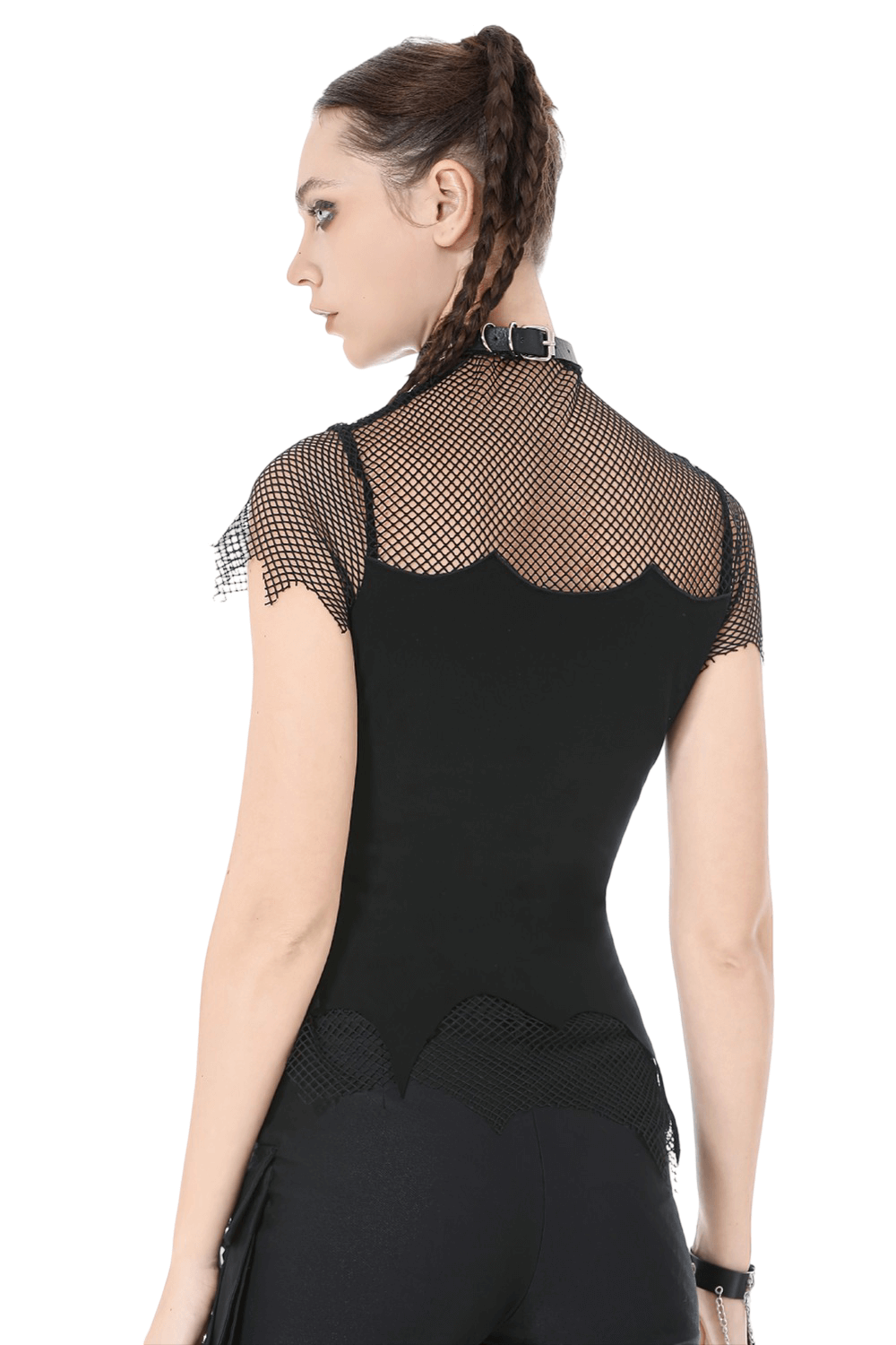 Goth Fishnet Lace-Up Cami Top with Cross Charms