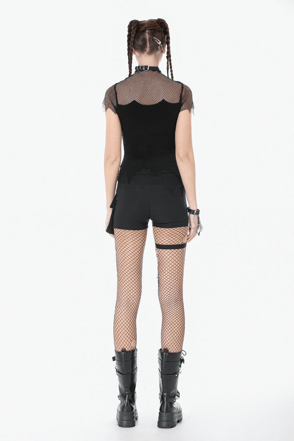 Goth Fishnet Lace-Up Cami Top with Cross Charms