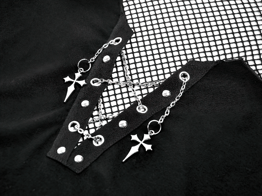 Goth Fishnet Lace-Up Cami Top with Cross Charms