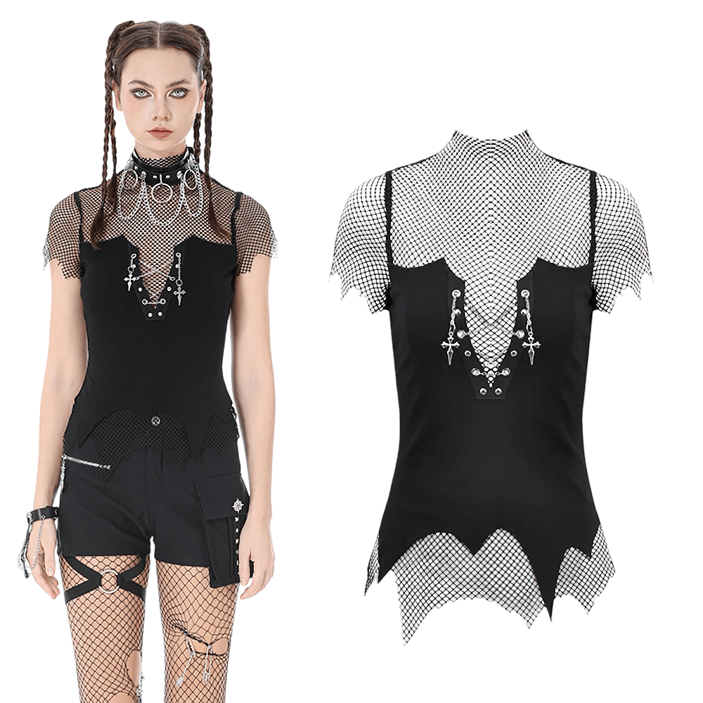 Goth Fishnet Lace-Up Cami Top with Cross Charms