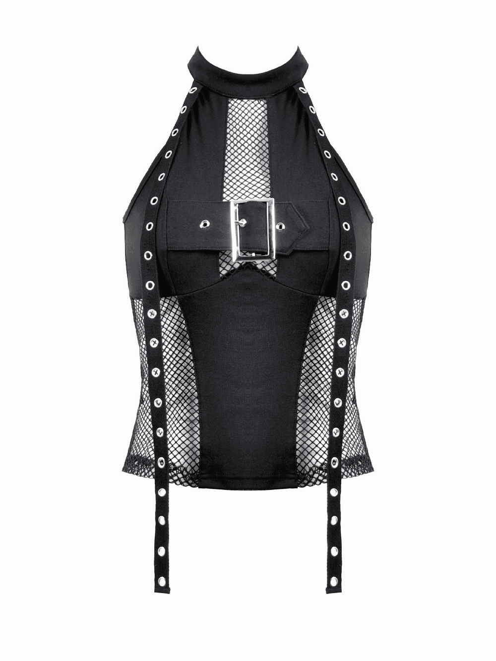 Goth Halter Crop Top with Mesh Panels and Buckle