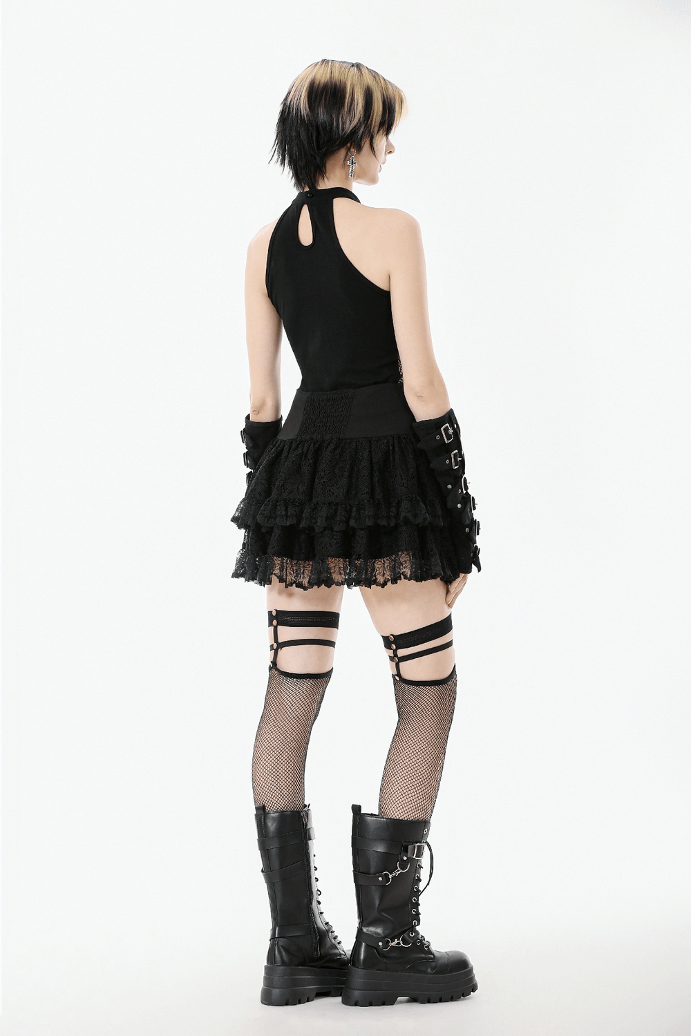 Goth Halter Crop Top with Mesh Panels and Buckle