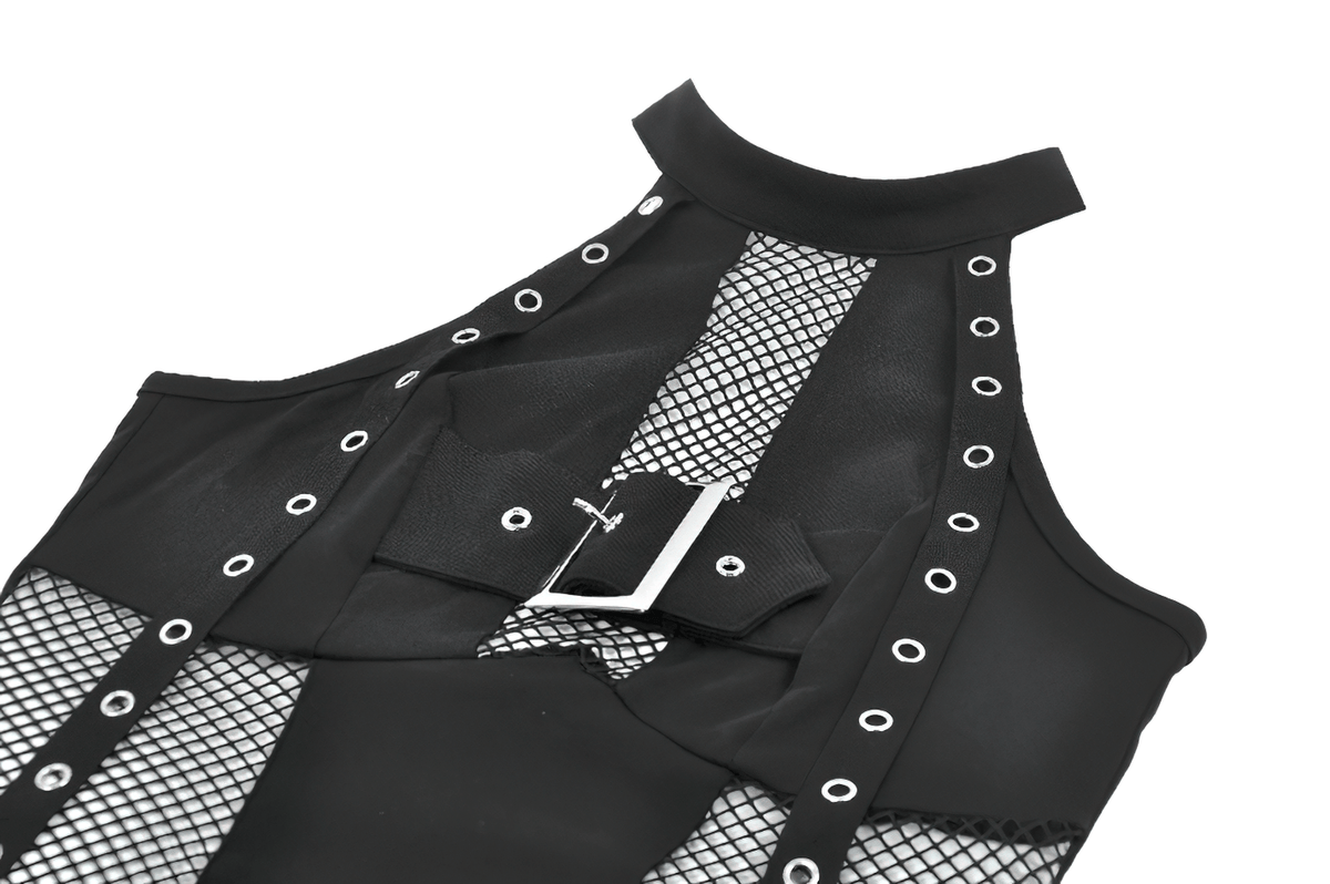Goth Halter Crop Top with Mesh Panels and Buckle