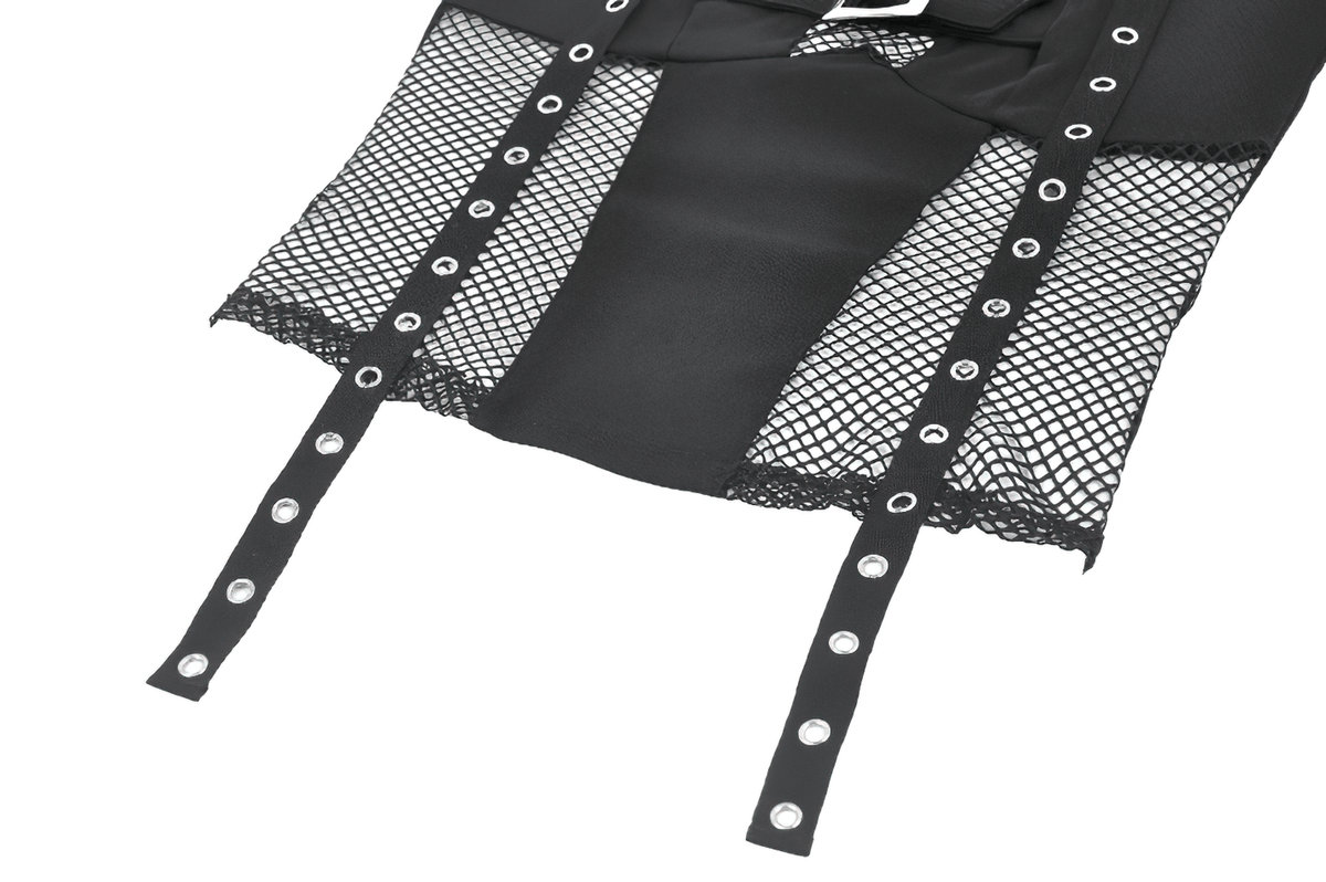 Goth Halter Crop Top with Mesh Panels and Buckle