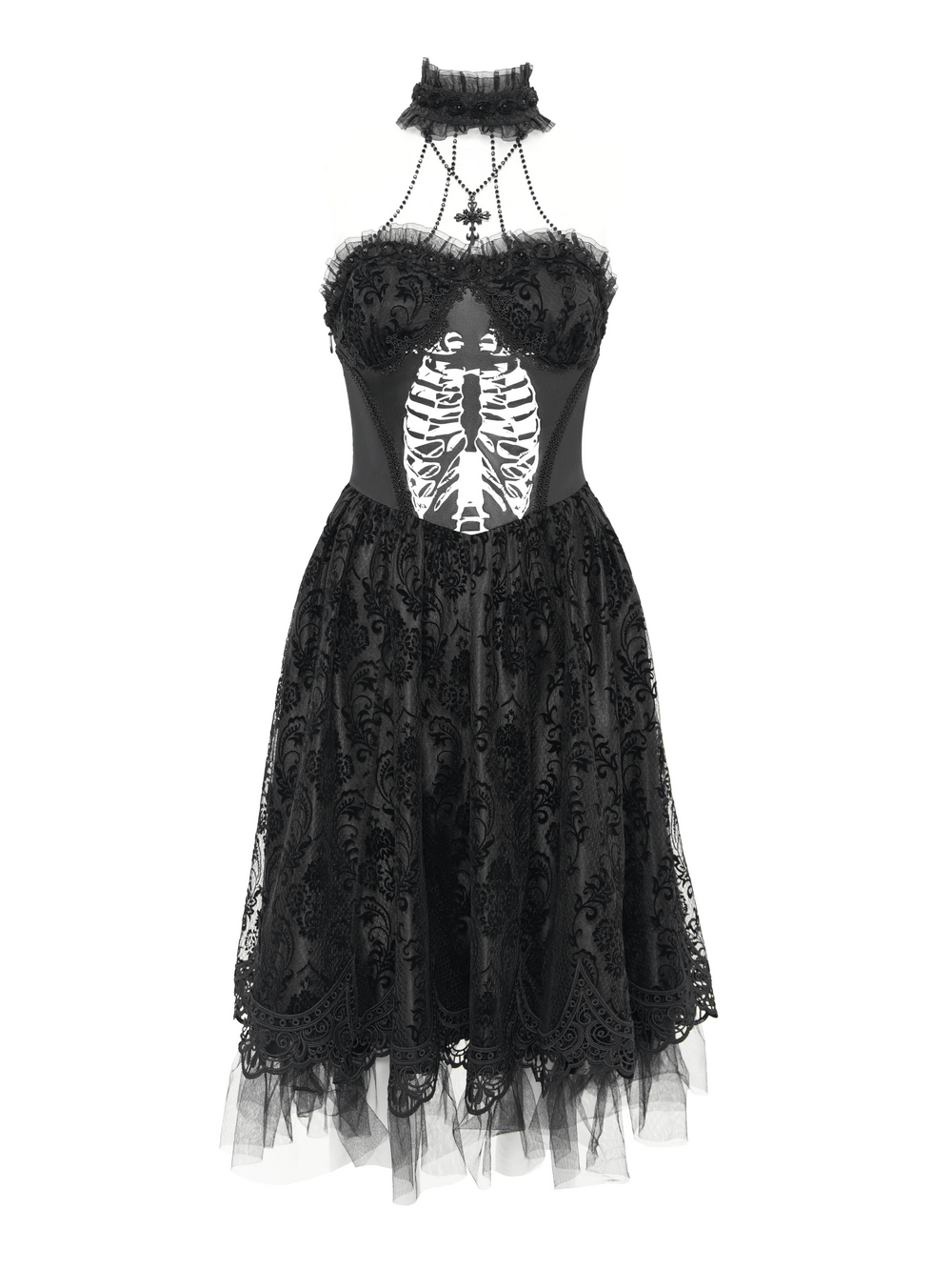 Goth Halter Dress with Lace Overlay and Tulle Skirt