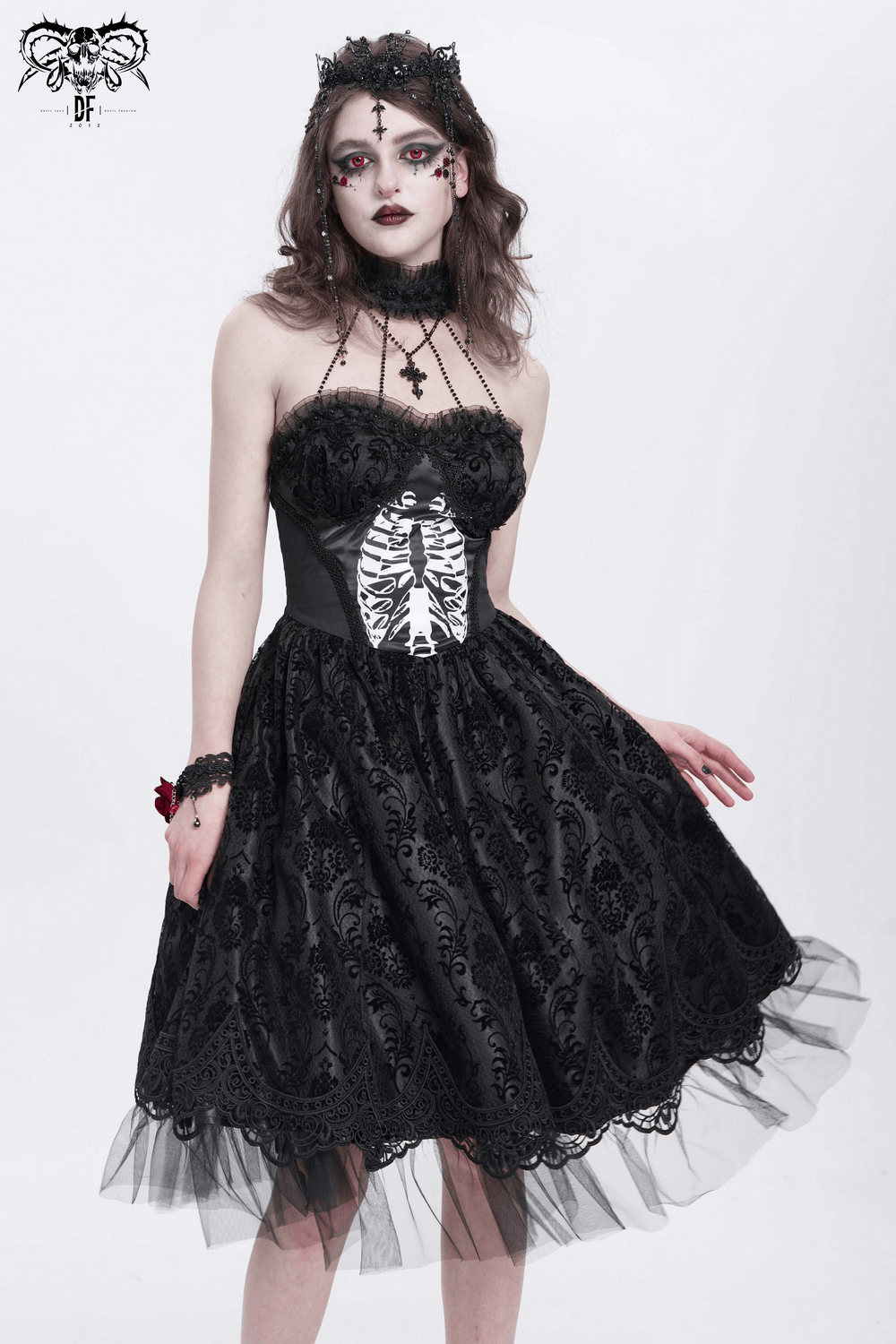 Goth Halter Dress with Lace Overlay and Tulle Skirt