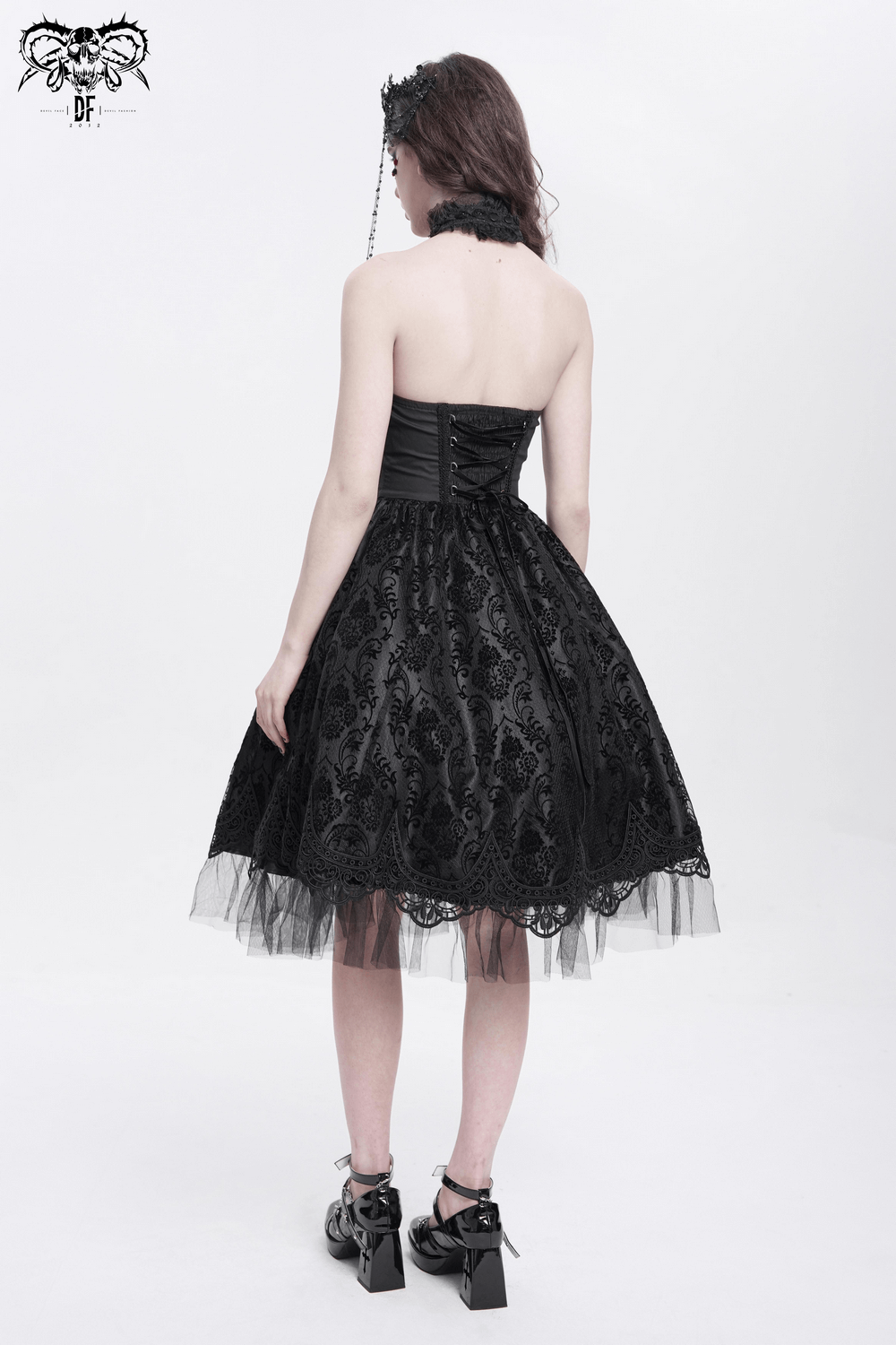 Goth Halter Dress with Lace Overlay and Tulle Skirt