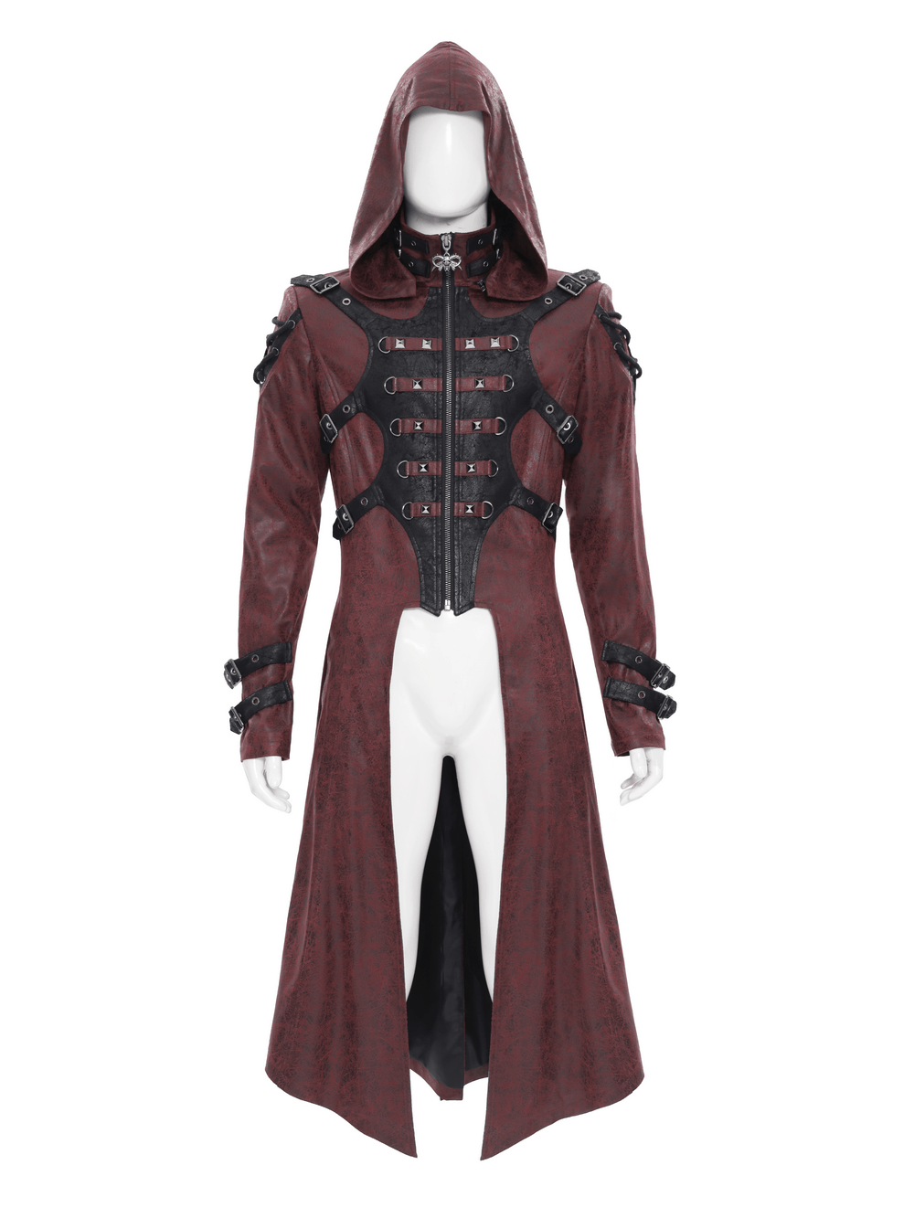 Goth Hooded Long Coat with Buckle Harness Details for Men