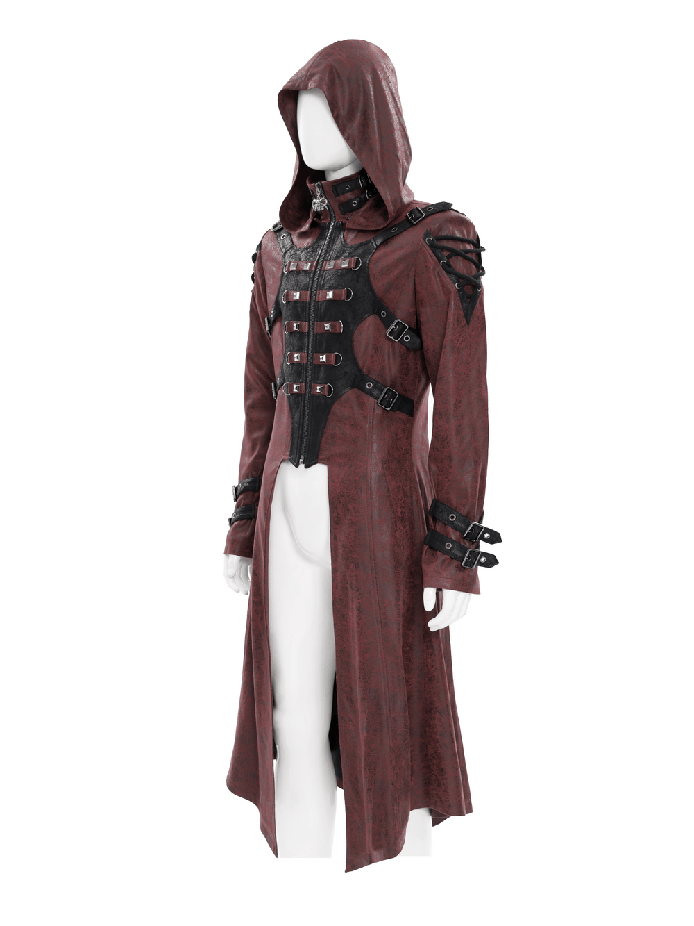 Goth Hooded Long Coat with Buckle Harness Details for Men
