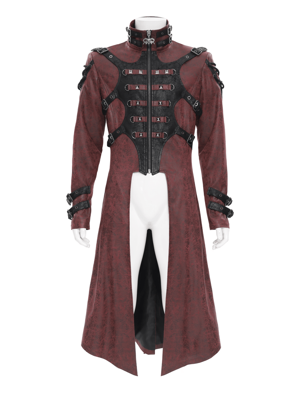 Goth Hooded Long Coat with Buckle Harness Details for Men