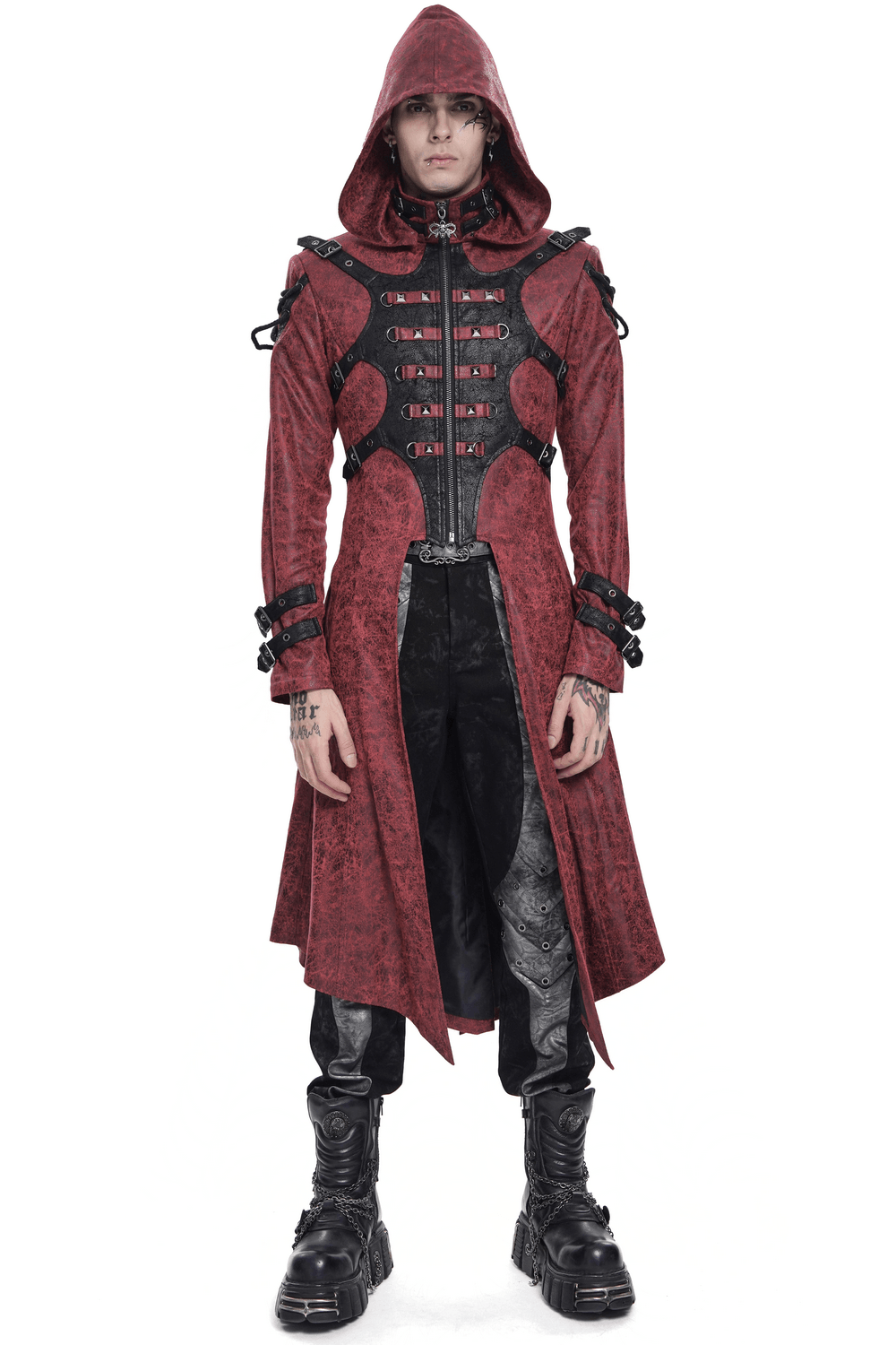 Goth Hooded Long Coat with Buckle Harness Details for Men