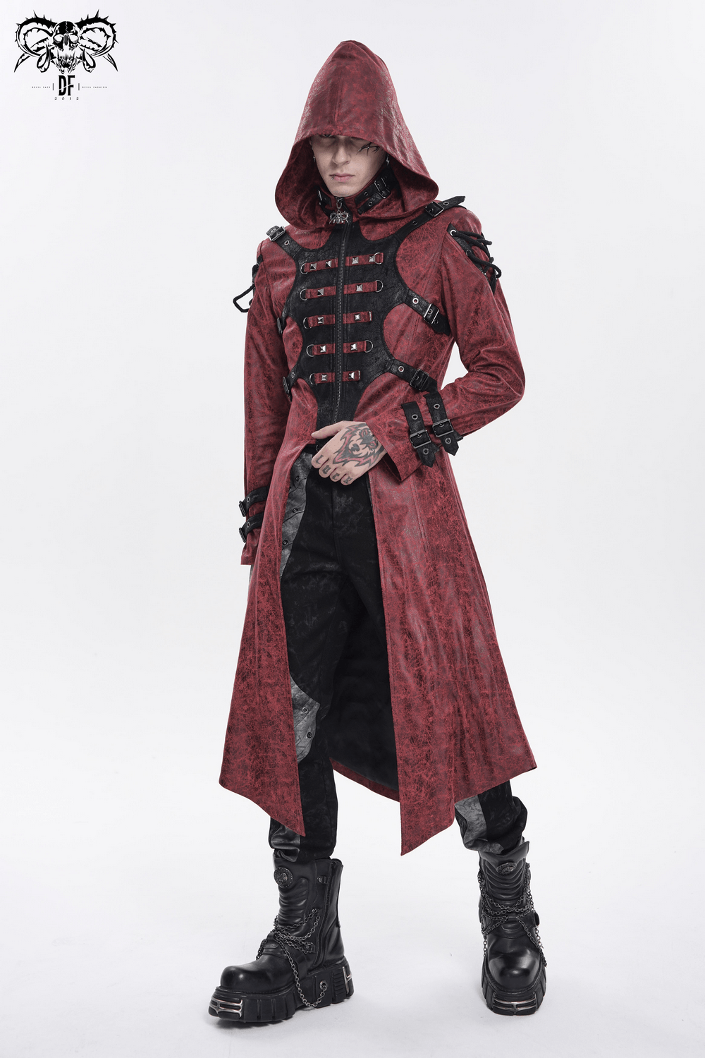 Goth Hooded Long Coat with Buckle Harness Details for Men